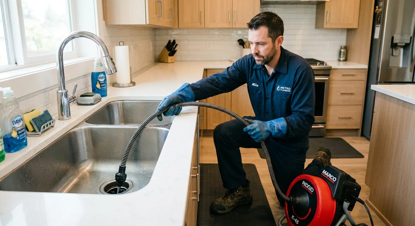 Drain cleaning technician using a motorized snake on a kitchen sink in Montclair