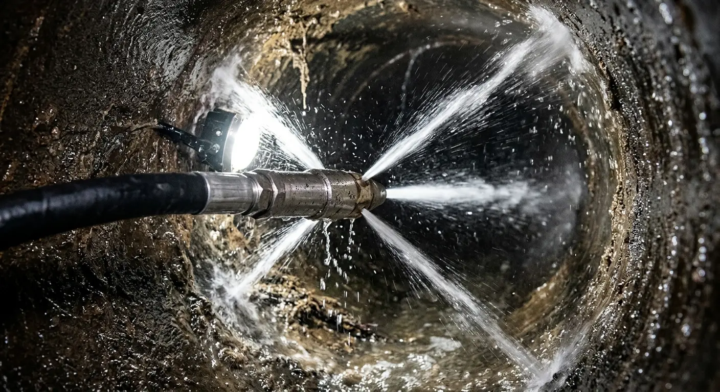 High-pressure hydro jetting nozzle cleaning sewer pipe for Storm Drain Cleaning in Montclair